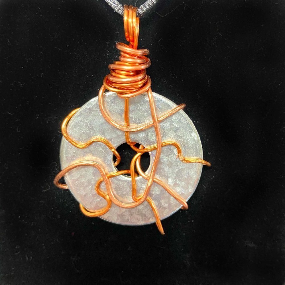 Copper Wire Wrapped Hammered Stainless Steel Washer Pendant on Satin Cord